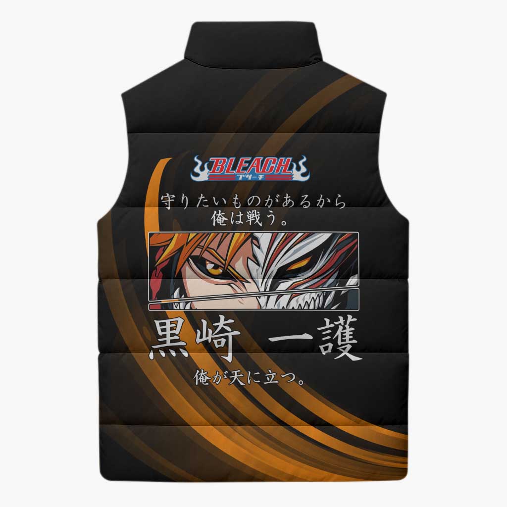 Ichigo Bleach Anime Black and Orange Theme Sleeveless Puffer Jacket with Hollow Mask and Japanese Calligraphy Design - The Mazicc