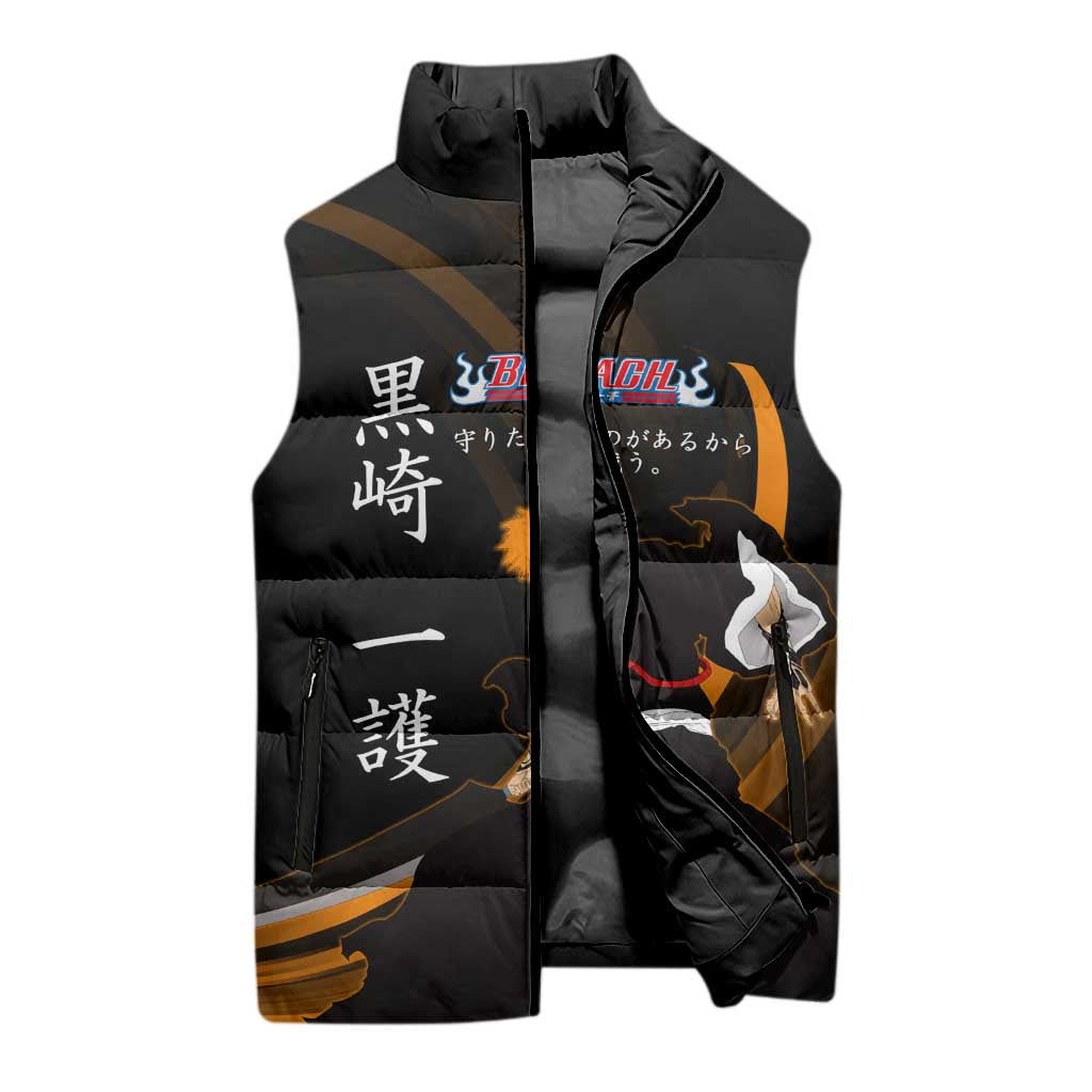 Ichigo Bleach Anime Black and Orange Theme Sleeveless Puffer Jacket with Hollow Mask and Japanese Calligraphy Design - The Mazicc