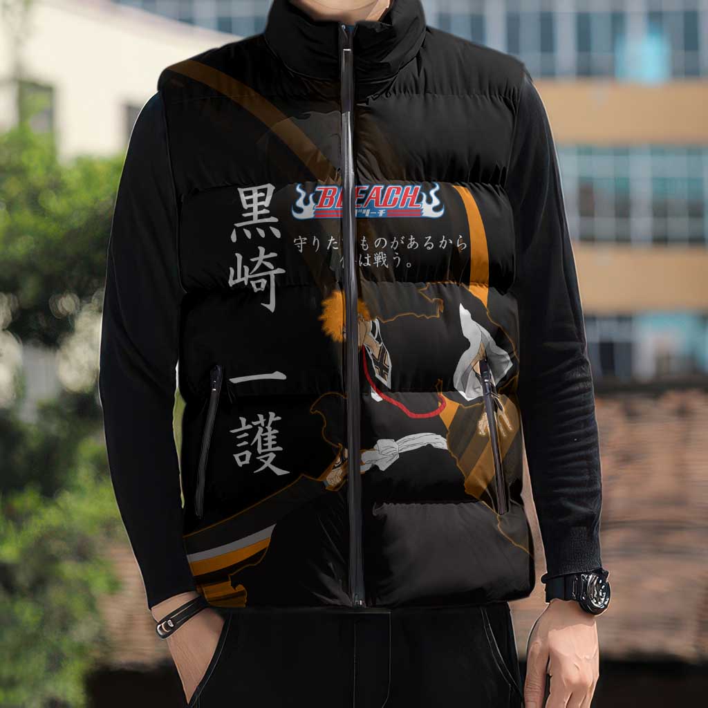 Ichigo Bleach Anime Black and Orange Theme Sleeveless Puffer Jacket with Hollow Mask and Japanese Calligraphy Design - The Mazicc