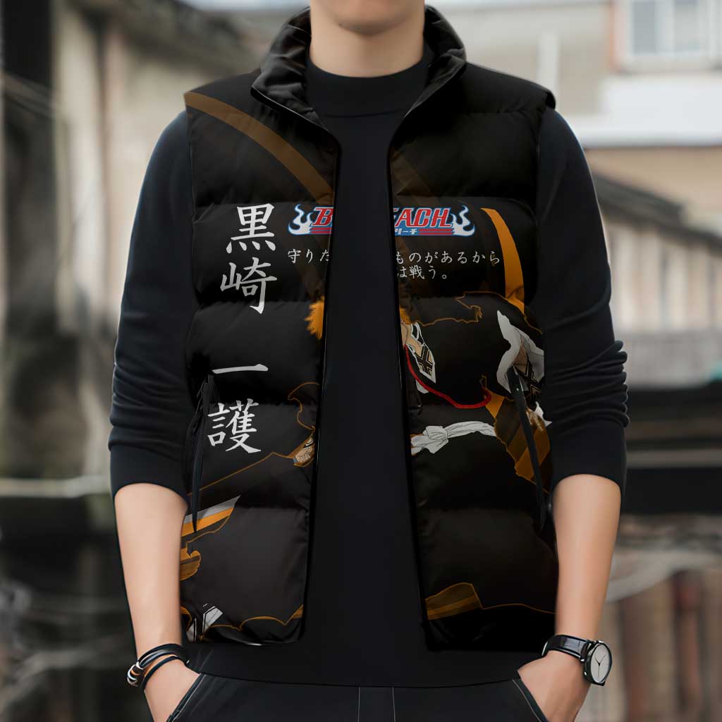 Ichigo Bleach Anime Black and Orange Theme Sleeveless Puffer Jacket with Hollow Mask and Japanese Calligraphy Design - The Mazicc