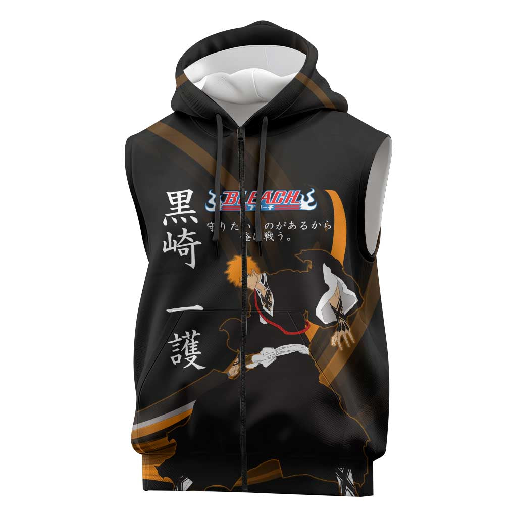 Ichigo Bleach Anime Black and Orange Theme Sleeveless Zip Hoodie with Hollow Mask and Japanese Calligraphy Design - The Mazicc