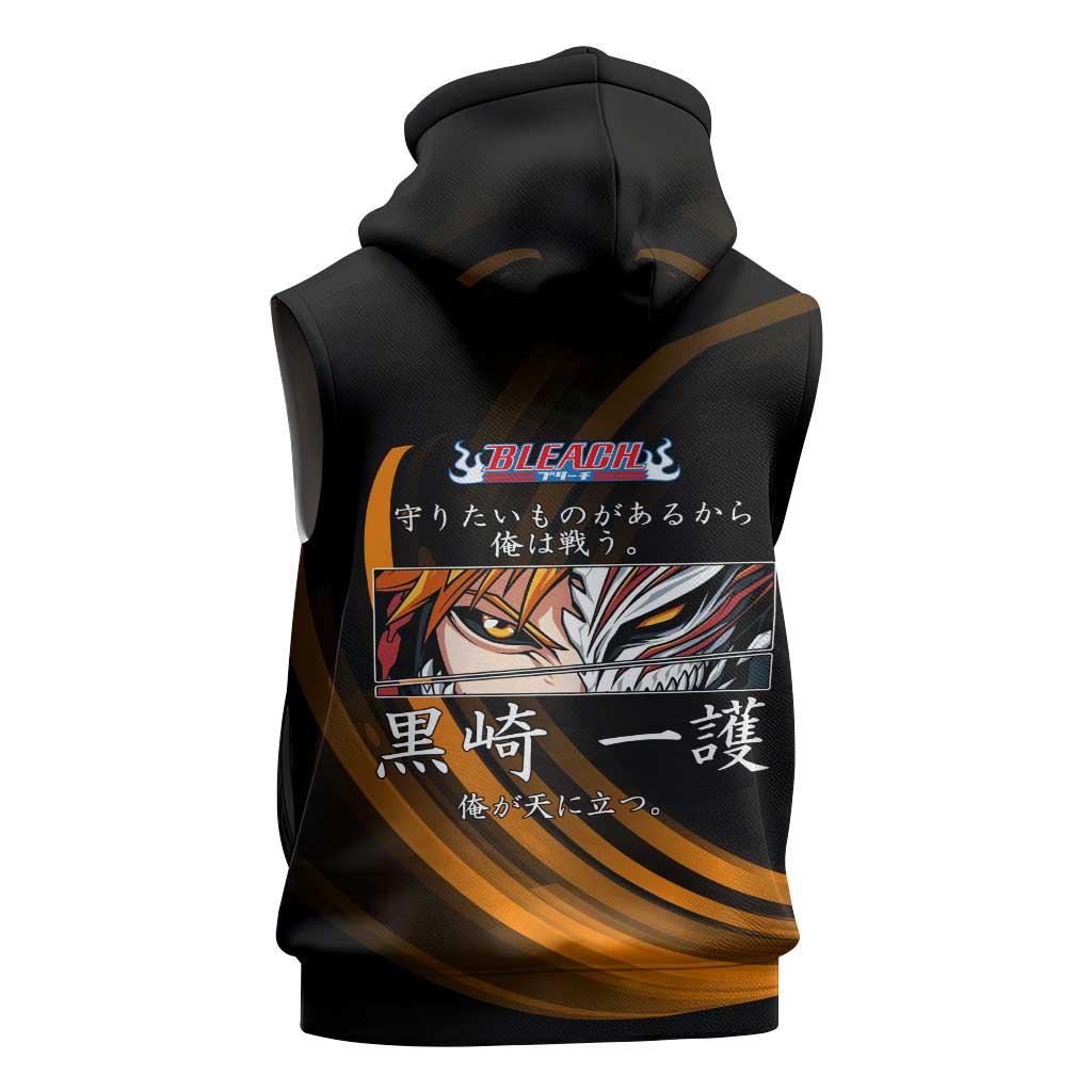 Ichigo Bleach Anime Black and Orange Theme Sleeveless Zip Hoodie with Hollow Mask and Japanese Calligraphy Design - The Mazicc