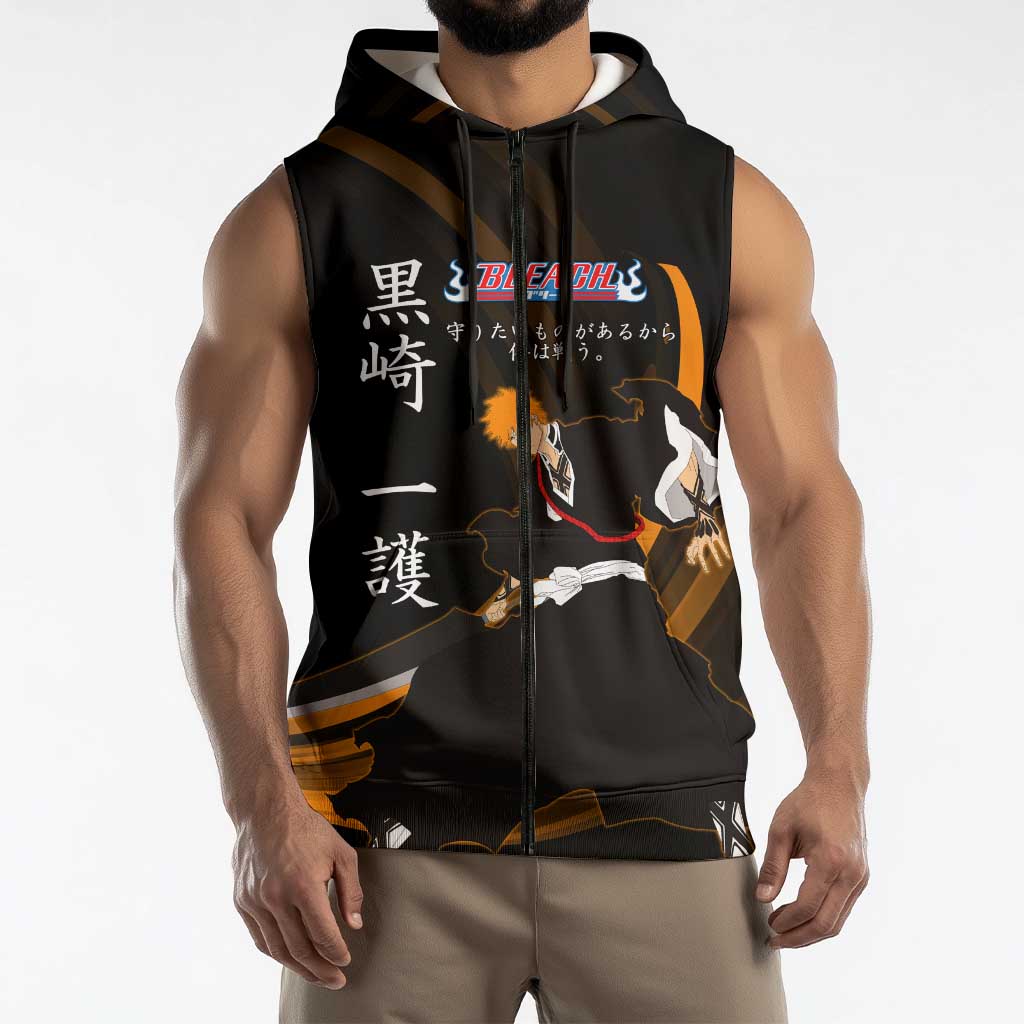 Ichigo Bleach Anime Black and Orange Theme Sleeveless Zip Hoodie with Hollow Mask and Japanese Calligraphy Design - The Mazicc