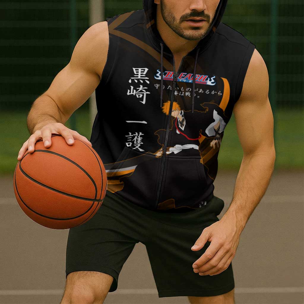 Ichigo Bleach Anime Black and Orange Theme Sleeveless Zip Hoodie with Hollow Mask and Japanese Calligraphy Design - The Mazicc