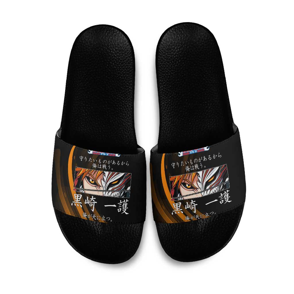 Ichigo Bleach Anime Black and Orange Theme Slide Sandals with Hollow Mask and Japanese Calligraphy Design - The Mazicc