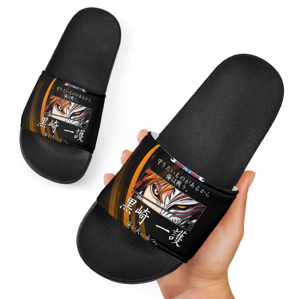 Ichigo Bleach Anime Black and Orange Theme Slide Sandals with Hollow Mask and Japanese Calligraphy Design - The Mazicc
