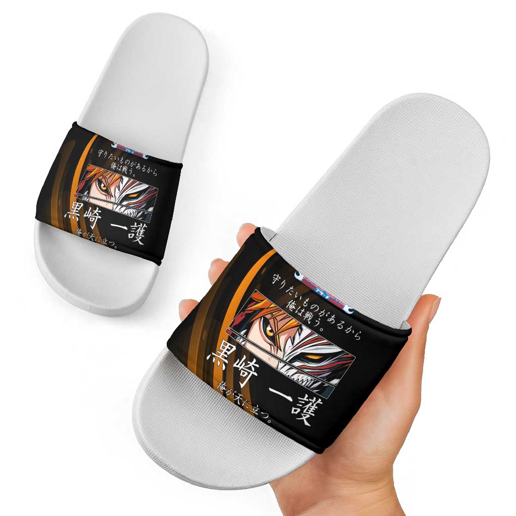 Ichigo Bleach Anime Black and Orange Theme Slide Sandals with Hollow Mask and Japanese Calligraphy Design - The Mazicc