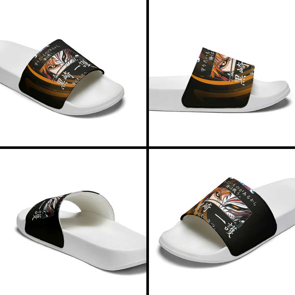 Ichigo Bleach Anime Black and Orange Theme Slide Sandals with Hollow Mask and Japanese Calligraphy Design - The Mazicc