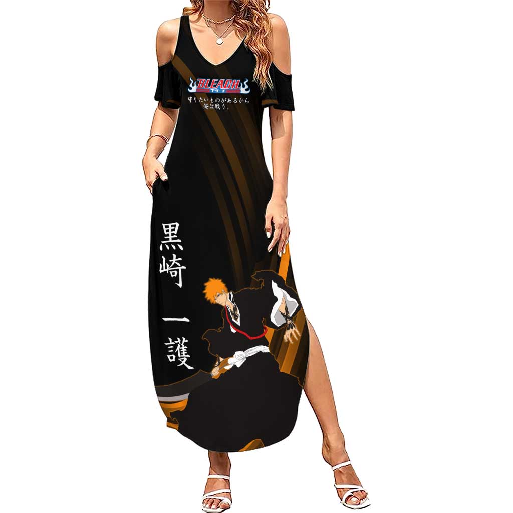 Ichigo Bleach Anime Black and Orange Theme Summer Maxi Dress with Hollow Mask and Japanese Calligraphy Design - The Mazicc