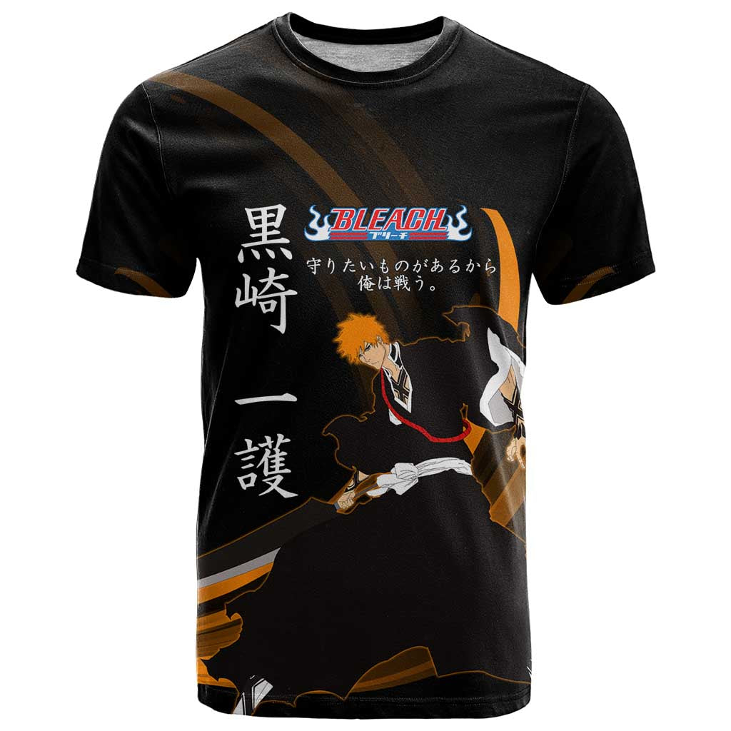 Ichigo Bleach Anime Black and Orange Theme T Shirt with Hollow Mask and Japanese Calligraphy Design - The Mazicc