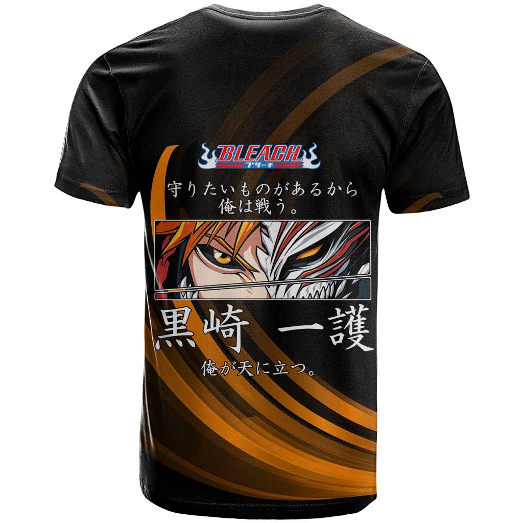 Ichigo Bleach Anime Black and Orange Theme T Shirt with Hollow Mask and Japanese Calligraphy Design - The Mazicc