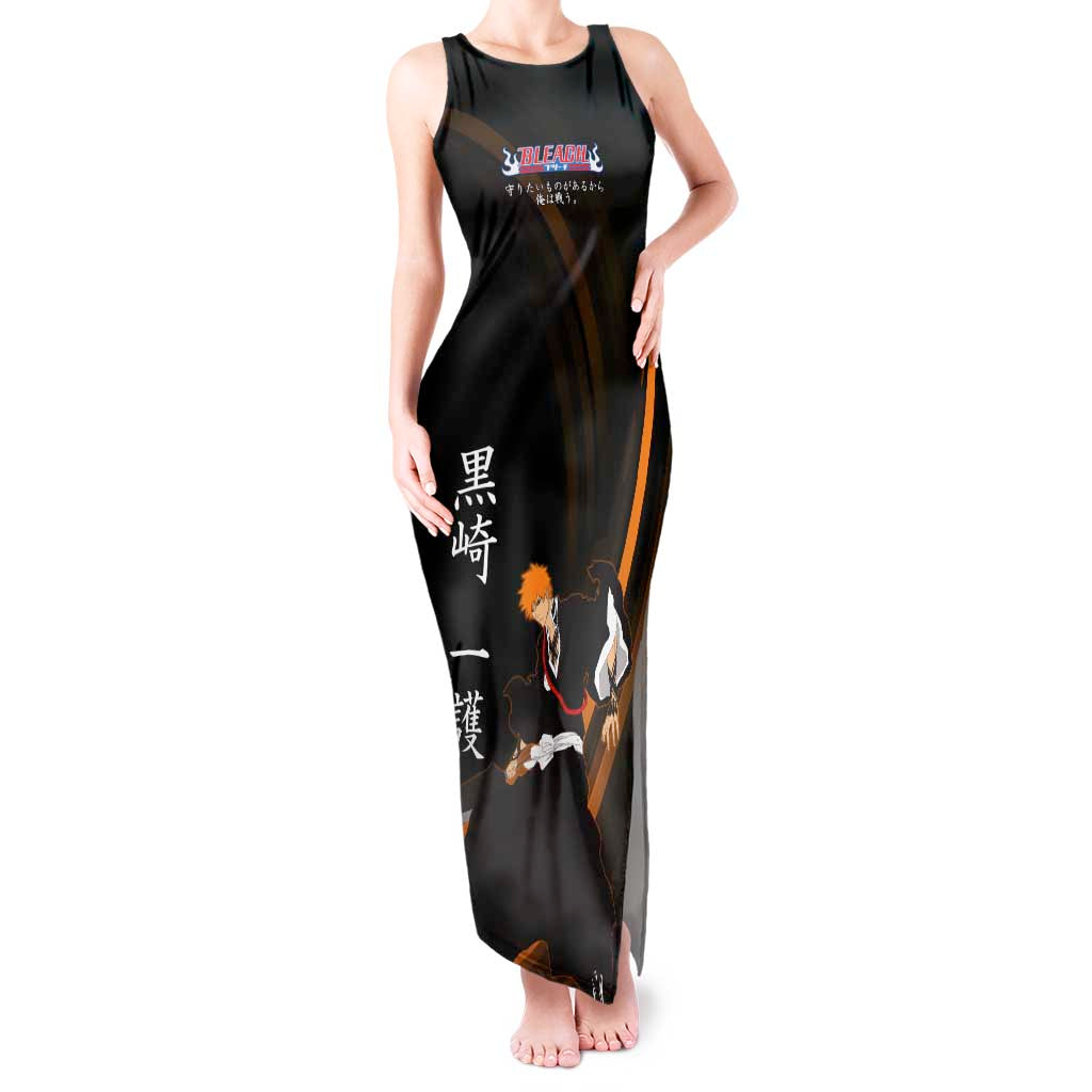 Ichigo Bleach Anime Black and Orange Theme Tank Maxi Dress with Hollow Mask and Japanese Calligraphy Design - The Mazicc