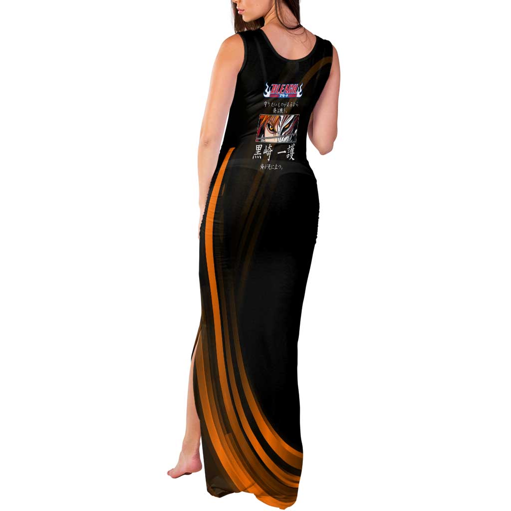 Ichigo Bleach Anime Black and Orange Theme Tank Maxi Dress with Hollow Mask and Japanese Calligraphy Design - The Mazicc