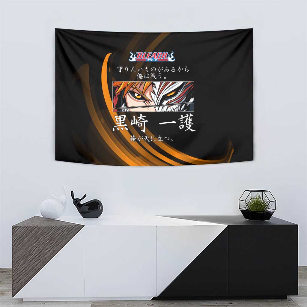 Ichigo Bleach Anime Black and Orange Theme Tapestry with Hollow Mask and Japanese Calligraphy Design - The Mazicc