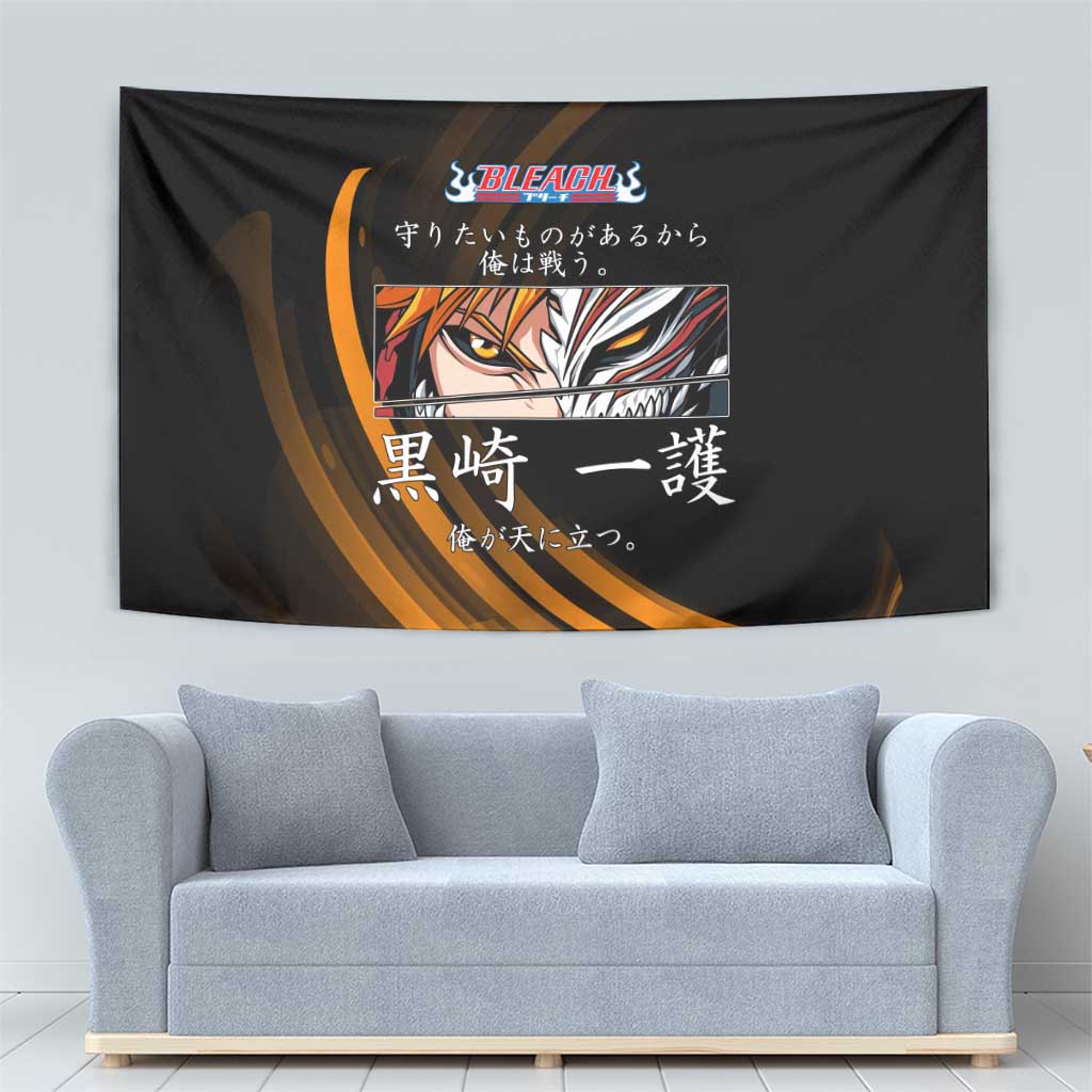 Ichigo Bleach Anime Black and Orange Theme Tapestry with Hollow Mask and Japanese Calligraphy Design - The Mazicc