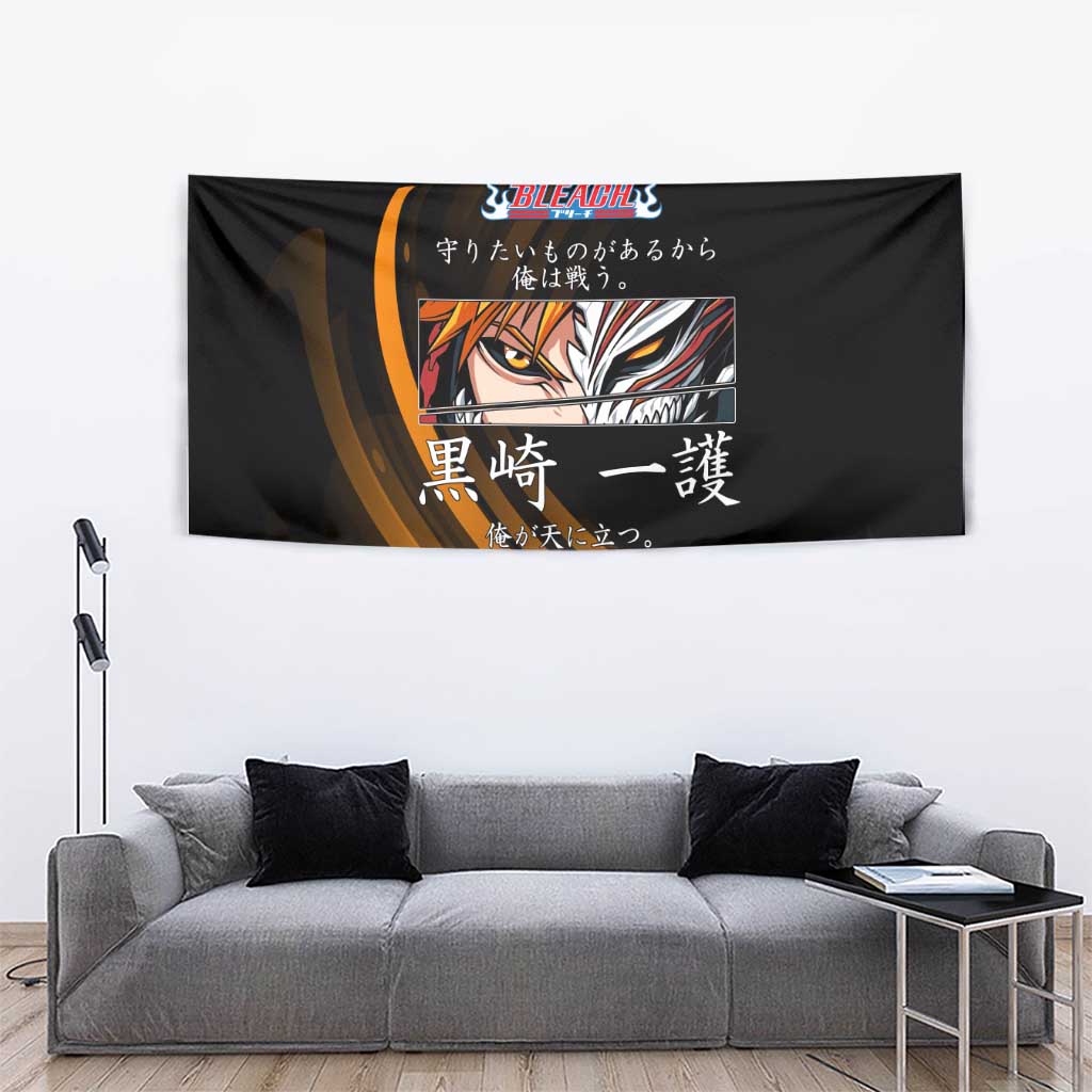 Ichigo Bleach Anime Black and Orange Theme Tapestry with Hollow Mask and Japanese Calligraphy Design - The Mazicc
