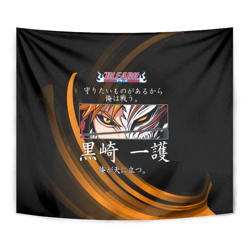 Ichigo Bleach Anime Black and Orange Theme Tapestry with Hollow Mask and Japanese Calligraphy Design - The Mazicc