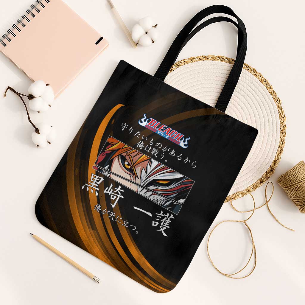 Ichigo Bleach Anime Black and Orange Theme Tote Bag with Hollow Mask and Japanese Calligraphy Design - The Mazicc
