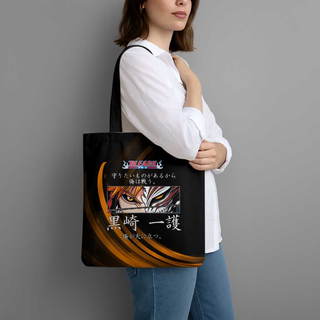Ichigo Bleach Anime Black and Orange Theme Tote Bag with Hollow Mask and Japanese Calligraphy Design - The Mazicc