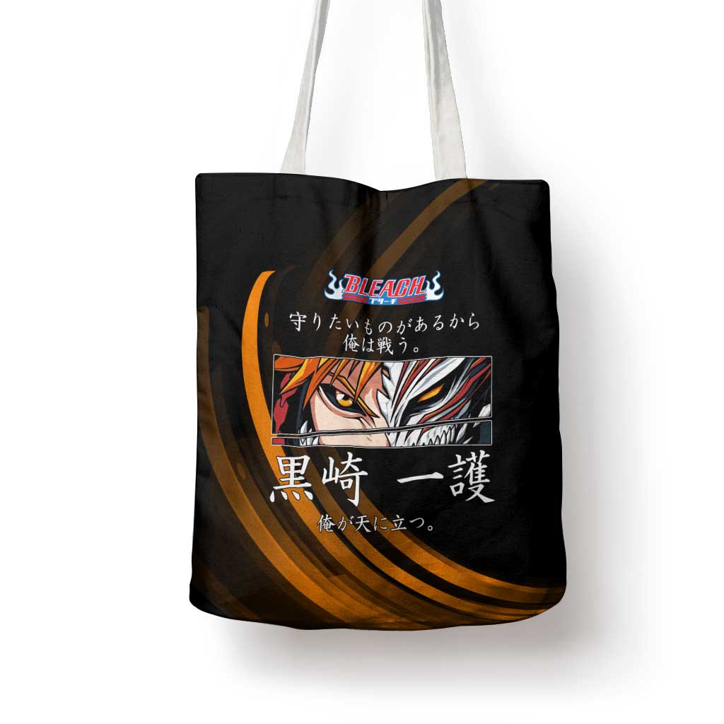 Ichigo Bleach Anime Black and Orange Theme Tote Bag with Hollow Mask and Japanese Calligraphy Design - The Mazicc