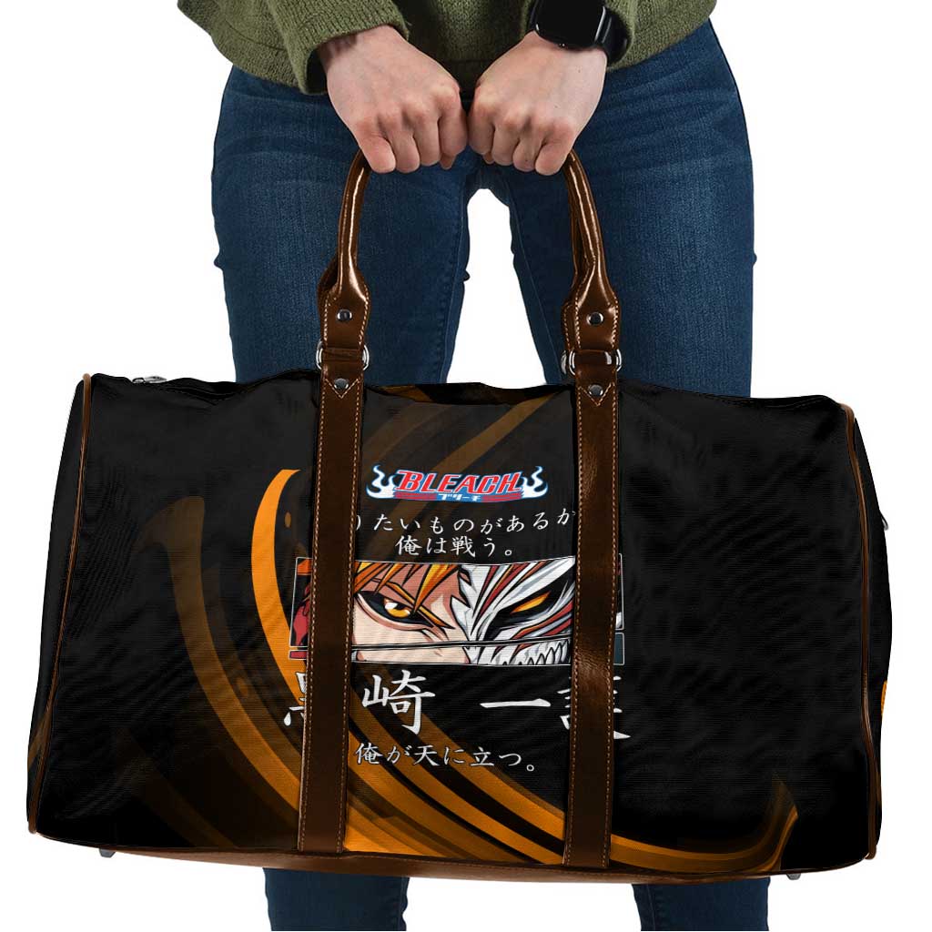 Ichigo Bleach Anime Black and Orange Theme Travel Bag with Hollow Mask and Japanese Calligraphy Design - The Mazicc