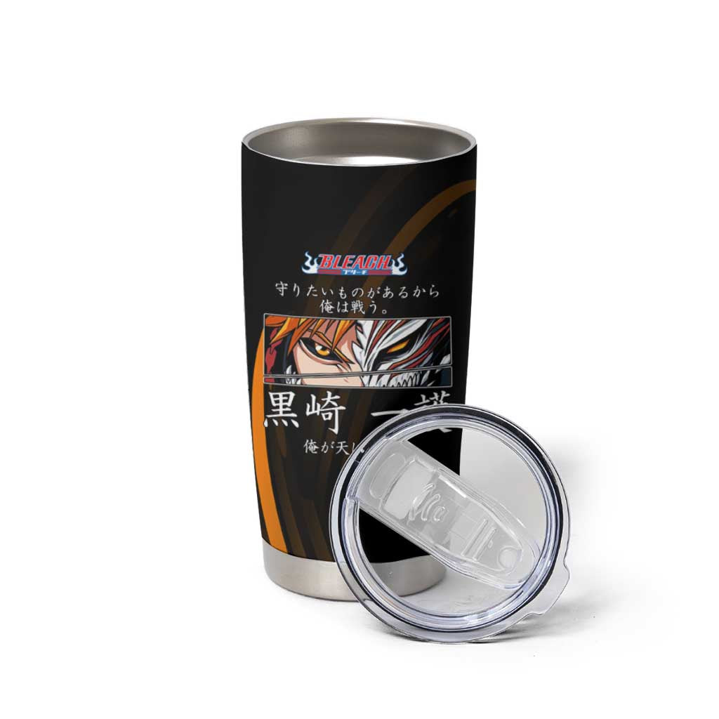 Ichigo Bleach Anime Black and Orange Theme Tumbler Cup with Hollow Mask and Japanese Calligraphy Design - The Mazicc