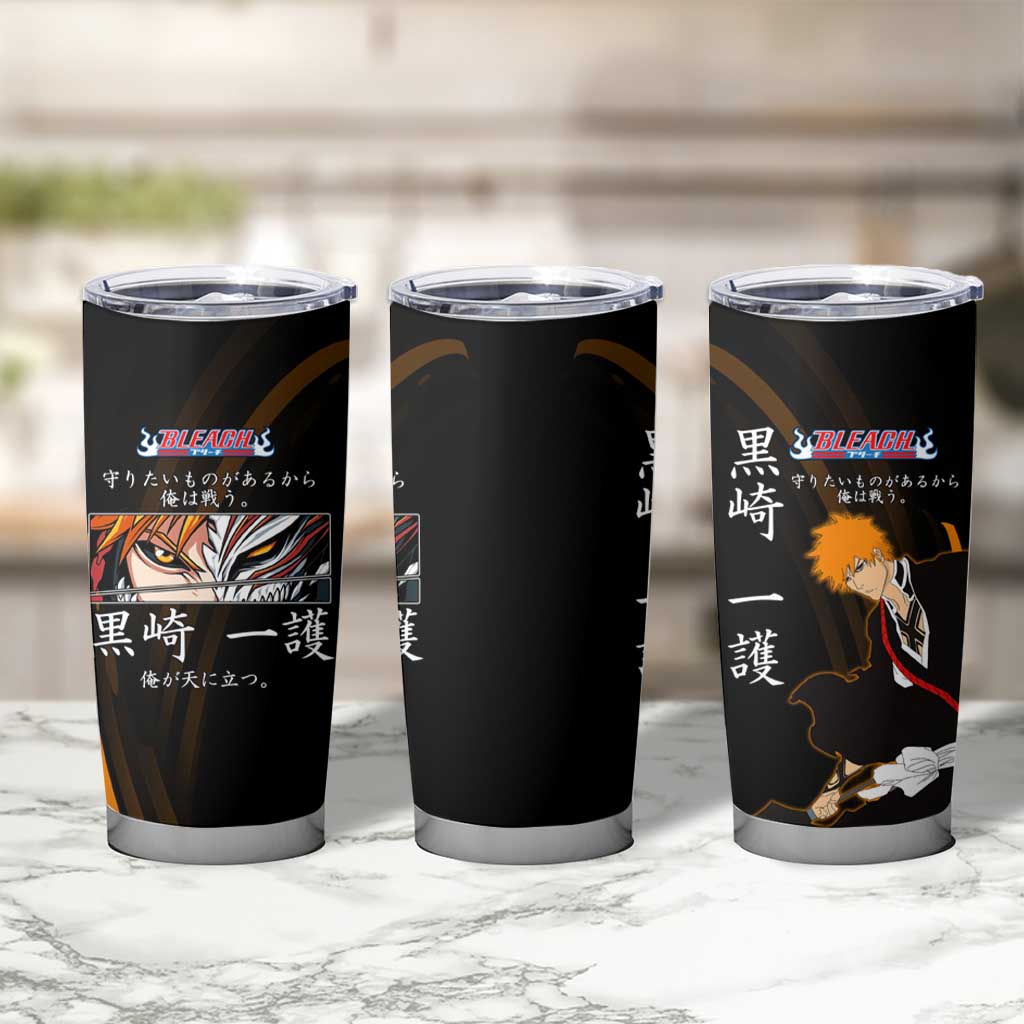 Ichigo Bleach Anime Black and Orange Theme Tumbler Cup with Hollow Mask and Japanese Calligraphy Design - The Mazicc