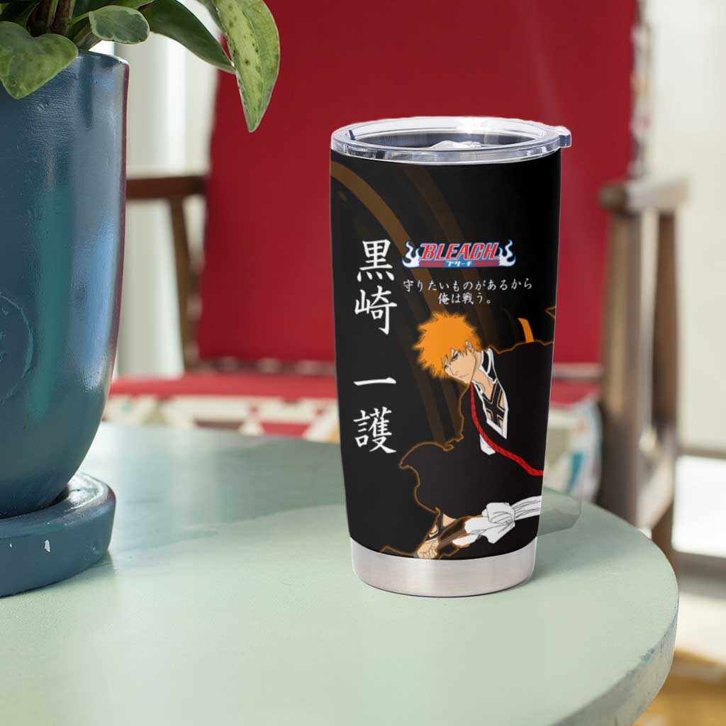 Ichigo Bleach Anime Black and Orange Theme Tumbler Cup with Hollow Mask and Japanese Calligraphy Design - The Mazicc