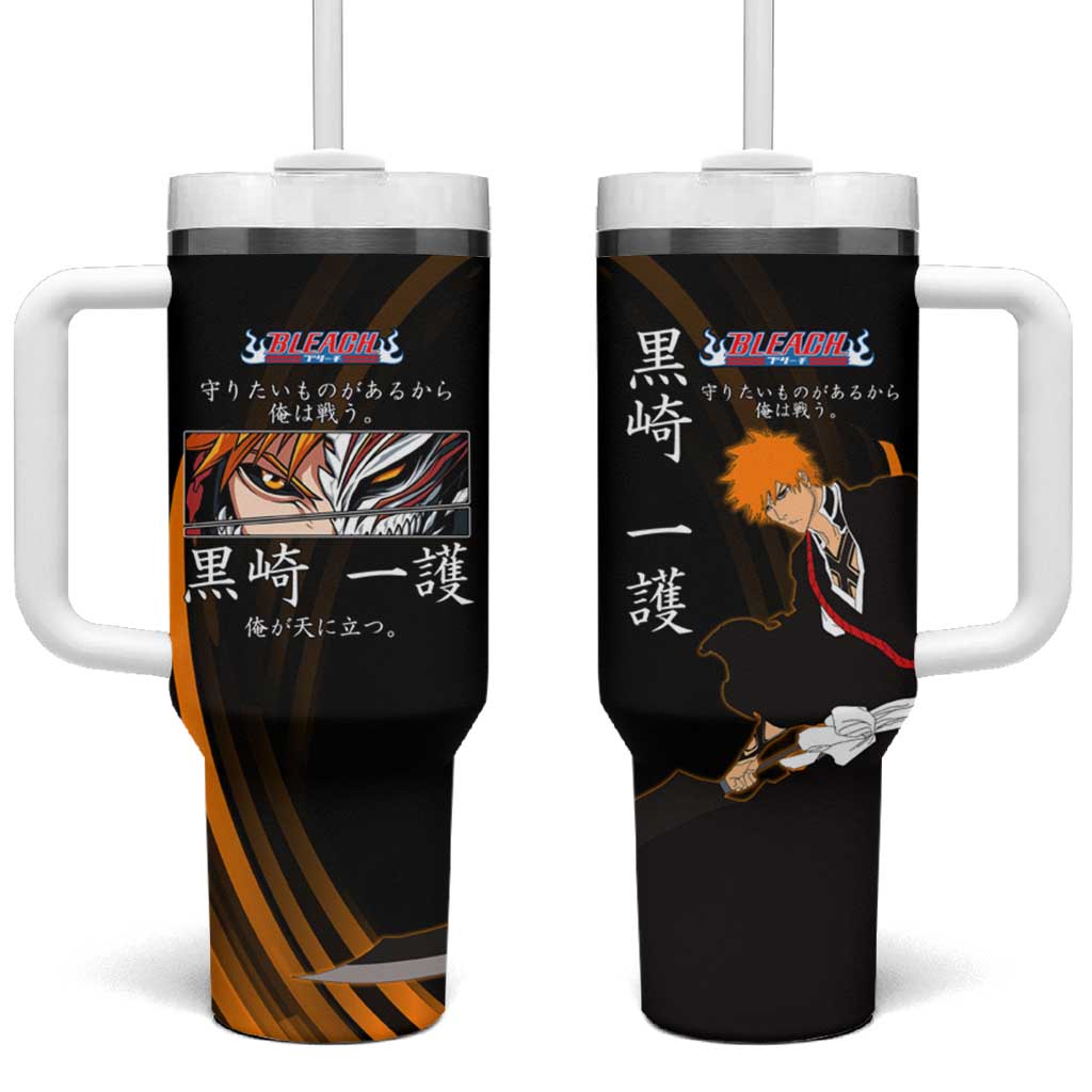 Ichigo Bleach Anime Black and Orange Theme Tumbler With Handle with Hollow Mask and Japanese Calligraphy Design - The Mazicc