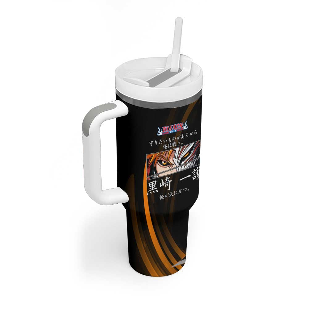 Ichigo Bleach Anime Black and Orange Theme Tumbler With Handle with Hollow Mask and Japanese Calligraphy Design - The Mazicc