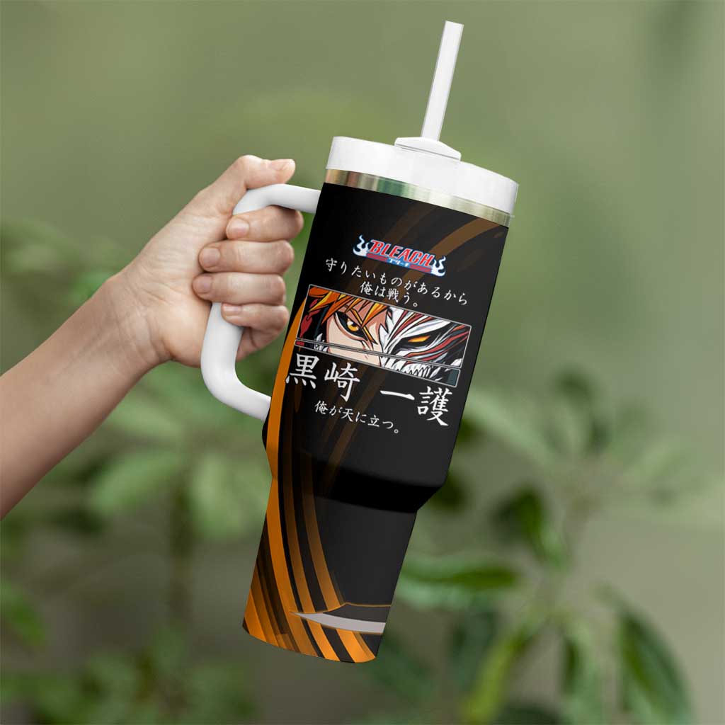 Ichigo Bleach Anime Black and Orange Theme Tumbler With Handle with Hollow Mask and Japanese Calligraphy Design - The Mazicc