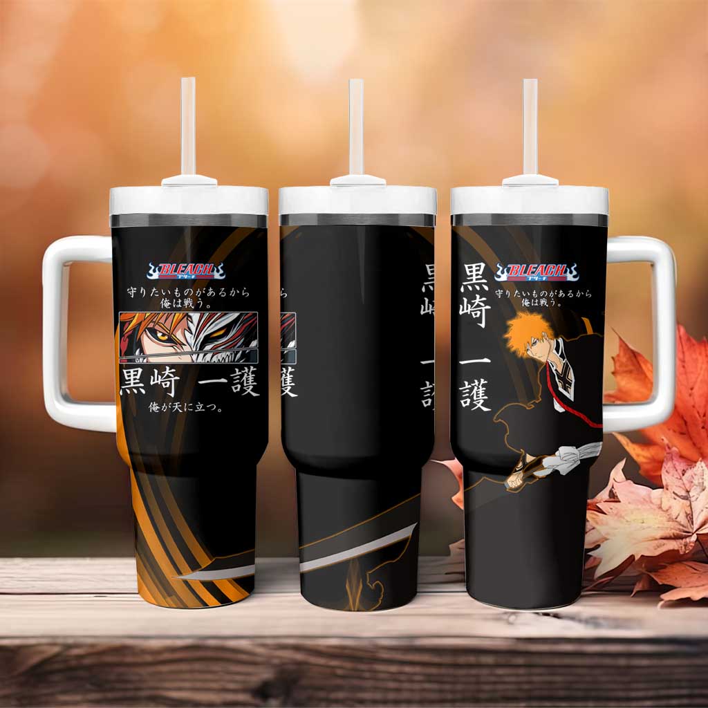 Ichigo Bleach Anime Black and Orange Theme Tumbler With Handle with Hollow Mask and Japanese Calligraphy Design - The Mazicc