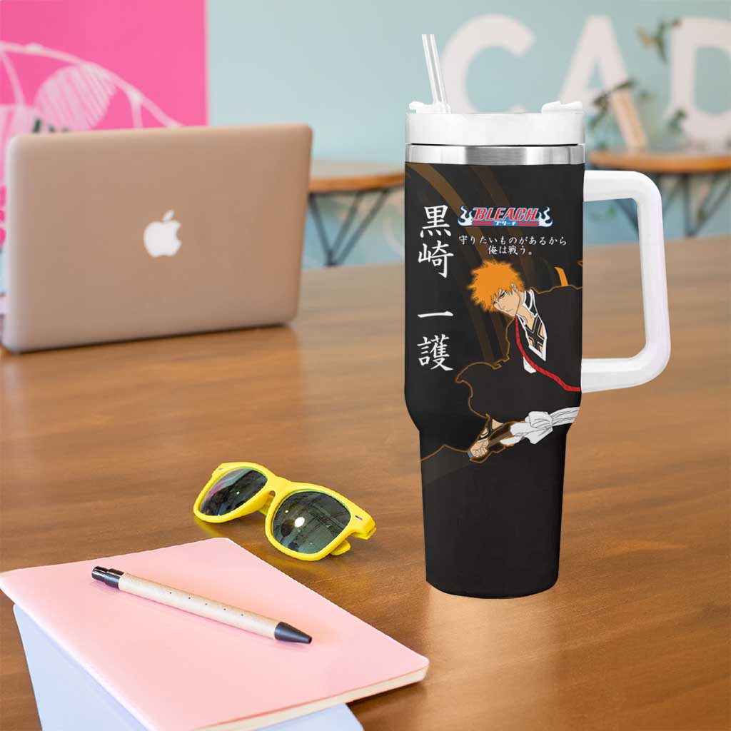 Ichigo Bleach Anime Black and Orange Theme Tumbler With Handle with Hollow Mask and Japanese Calligraphy Design - The Mazicc