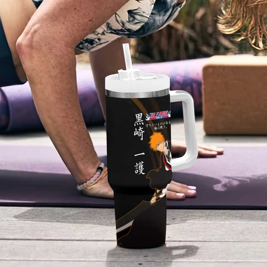 Ichigo Bleach Anime Black and Orange Theme Tumbler With Handle with Hollow Mask and Japanese Calligraphy Design - The Mazicc