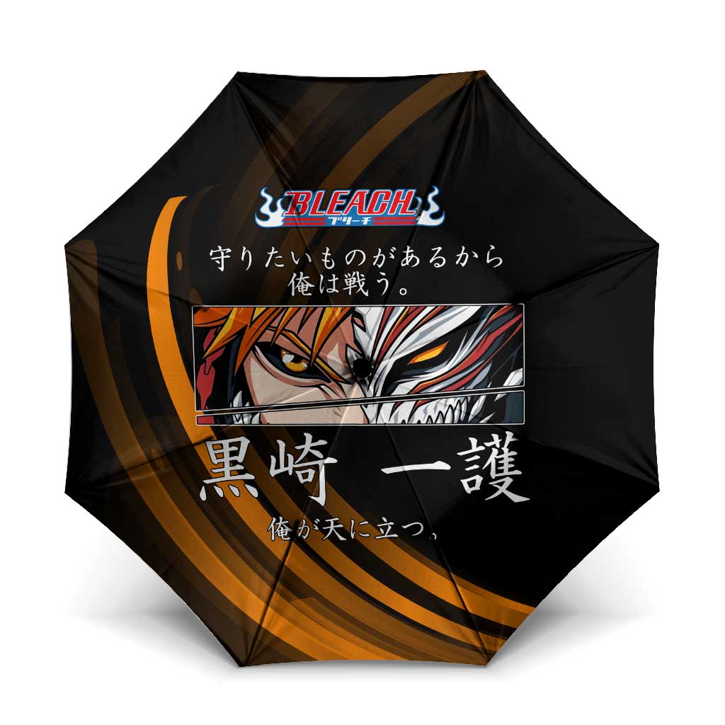 Ichigo Bleach Anime Black and Orange Theme Umbrella with Hollow Mask and Japanese Calligraphy Design - The Mazicc