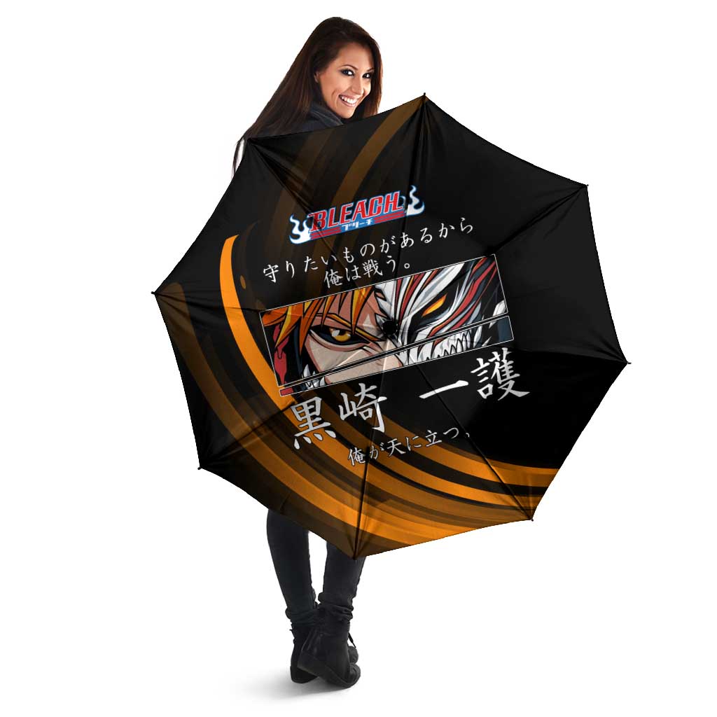 Ichigo Bleach Anime Black and Orange Theme Umbrella with Hollow Mask and Japanese Calligraphy Design - The Mazicc