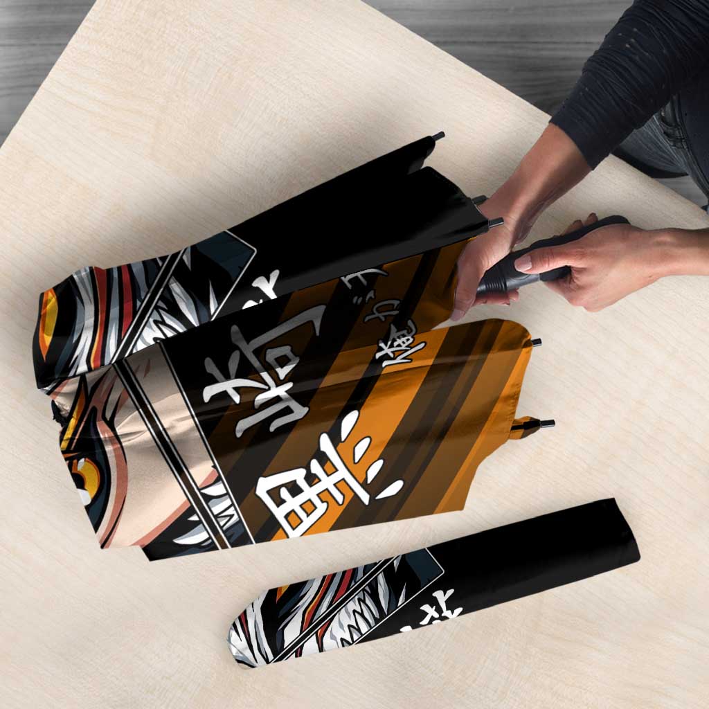 Ichigo Bleach Anime Black and Orange Theme Umbrella with Hollow Mask and Japanese Calligraphy Design - The Mazicc