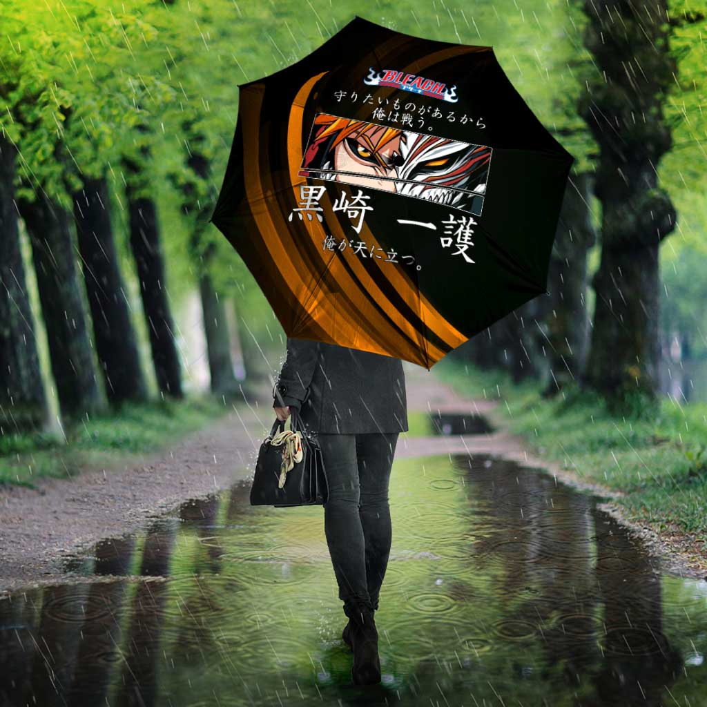 Ichigo Bleach Anime Black and Orange Theme Umbrella with Hollow Mask and Japanese Calligraphy Design - The Mazicc
