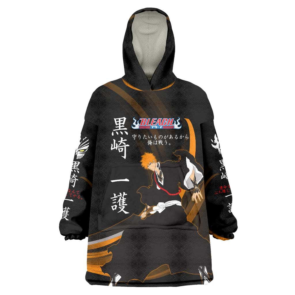 Ichigo Bleach Anime Black and Orange Theme Wearable Blanket Hoodie with Hollow Mask and Japanese Calligraphy Design - The Mazicc