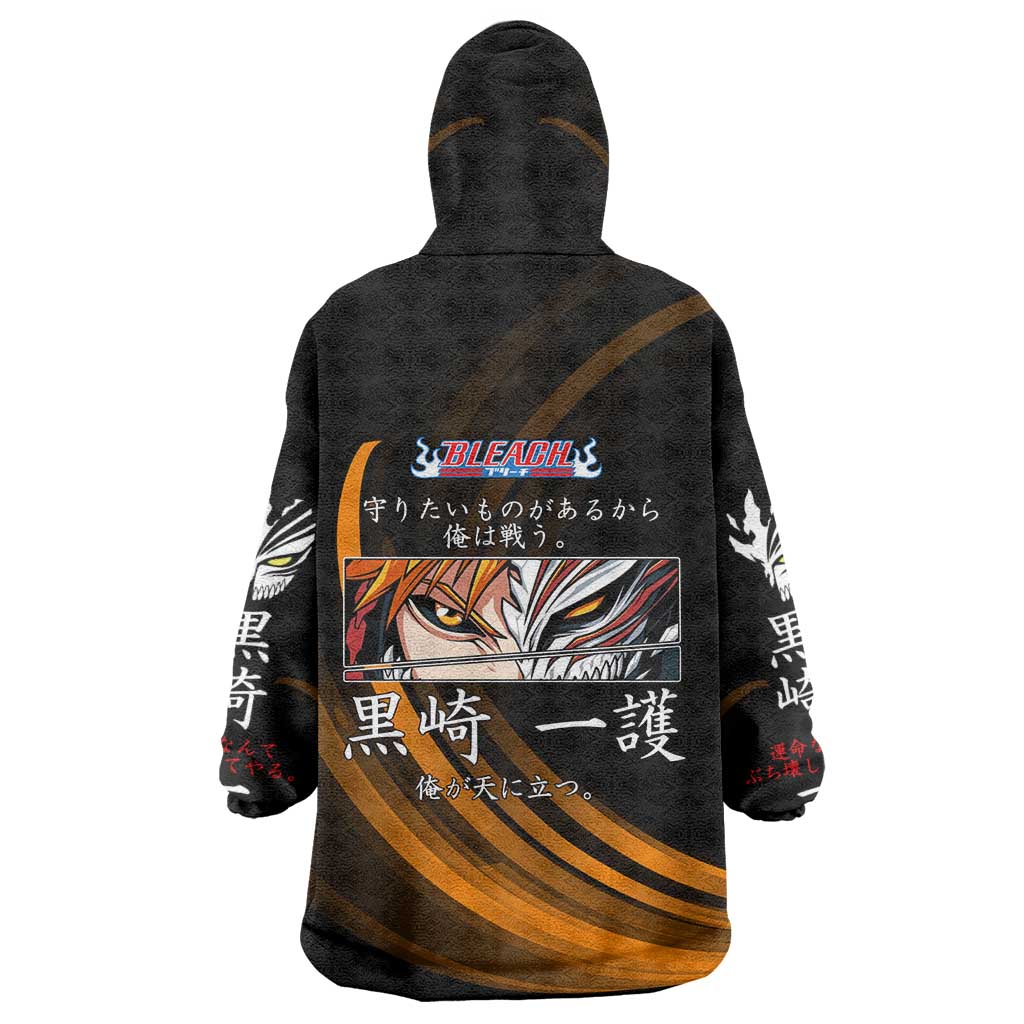 Ichigo Bleach Anime Black and Orange Theme Wearable Blanket Hoodie with Hollow Mask and Japanese Calligraphy Design - The Mazicc