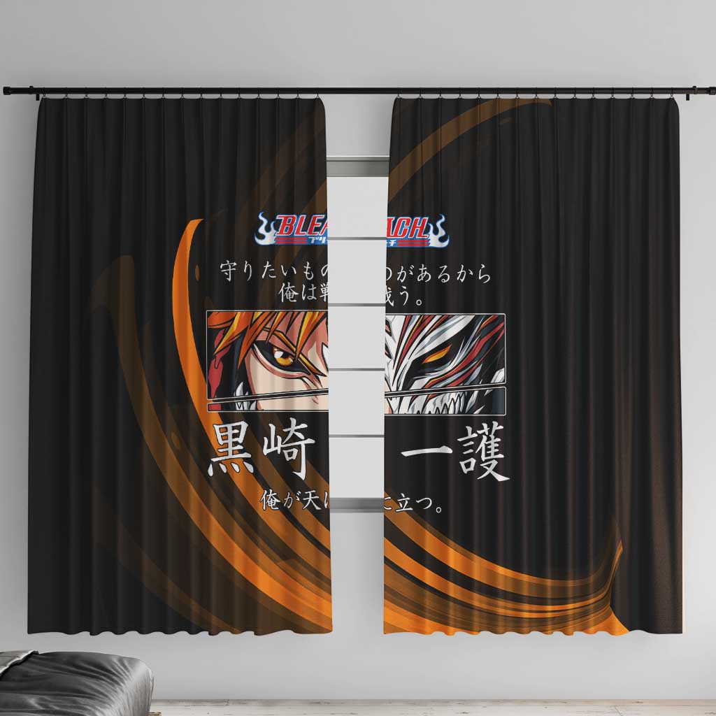Ichigo Bleach Anime Black and Orange Theme Window Curtain with Hollow Mask and Japanese Calligraphy Design - The Mazicc