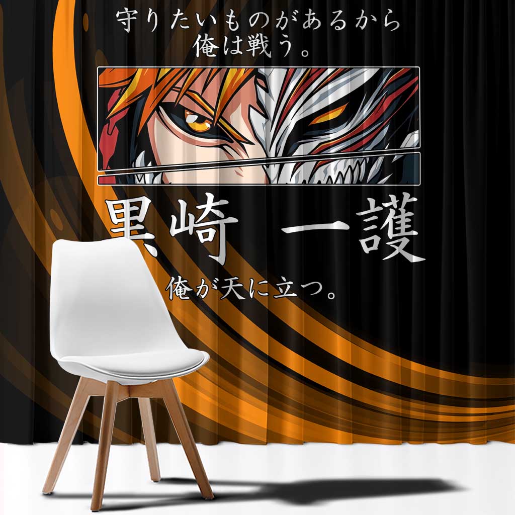 Ichigo Bleach Anime Black and Orange Theme Window Curtain with Hollow Mask and Japanese Calligraphy Design - The Mazicc