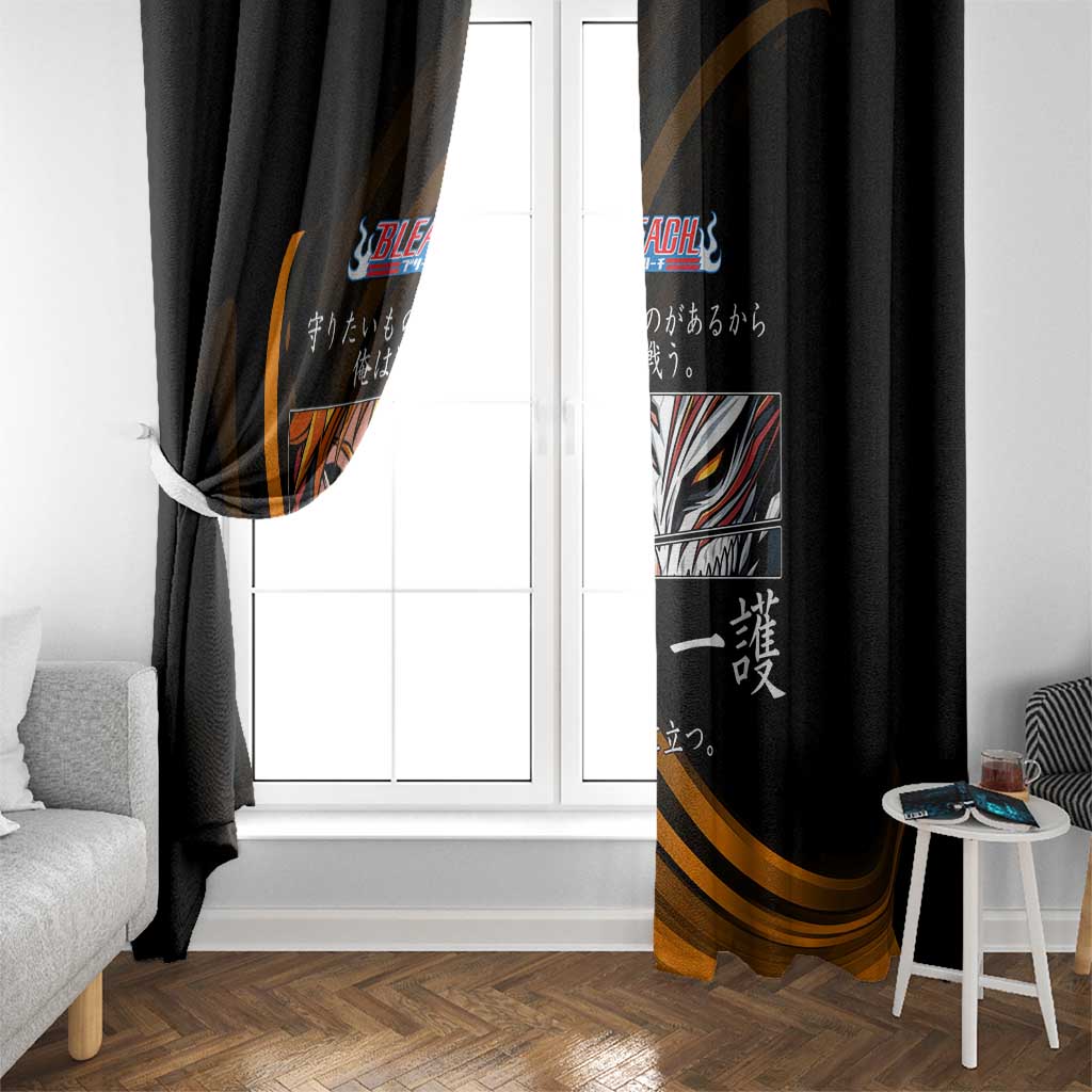 Ichigo Bleach Anime Black and Orange Theme Window Curtain with Hollow Mask and Japanese Calligraphy Design - The Mazicc