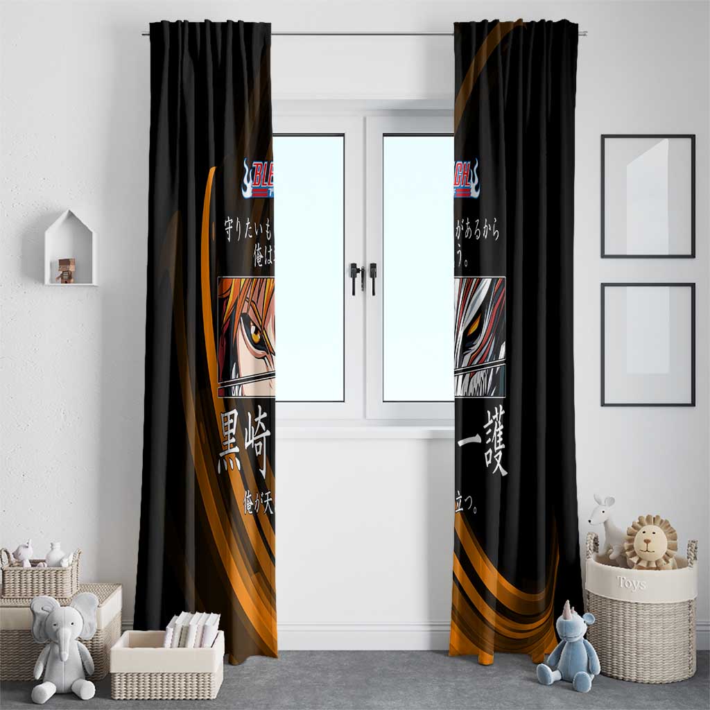 Ichigo Bleach Anime Black and Orange Theme Window Curtain with Hollow Mask and Japanese Calligraphy Design - The Mazicc