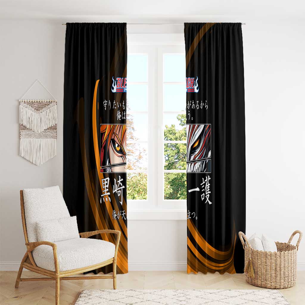 Ichigo Bleach Anime Black and Orange Theme Window Curtain with Hollow Mask and Japanese Calligraphy Design - The Mazicc