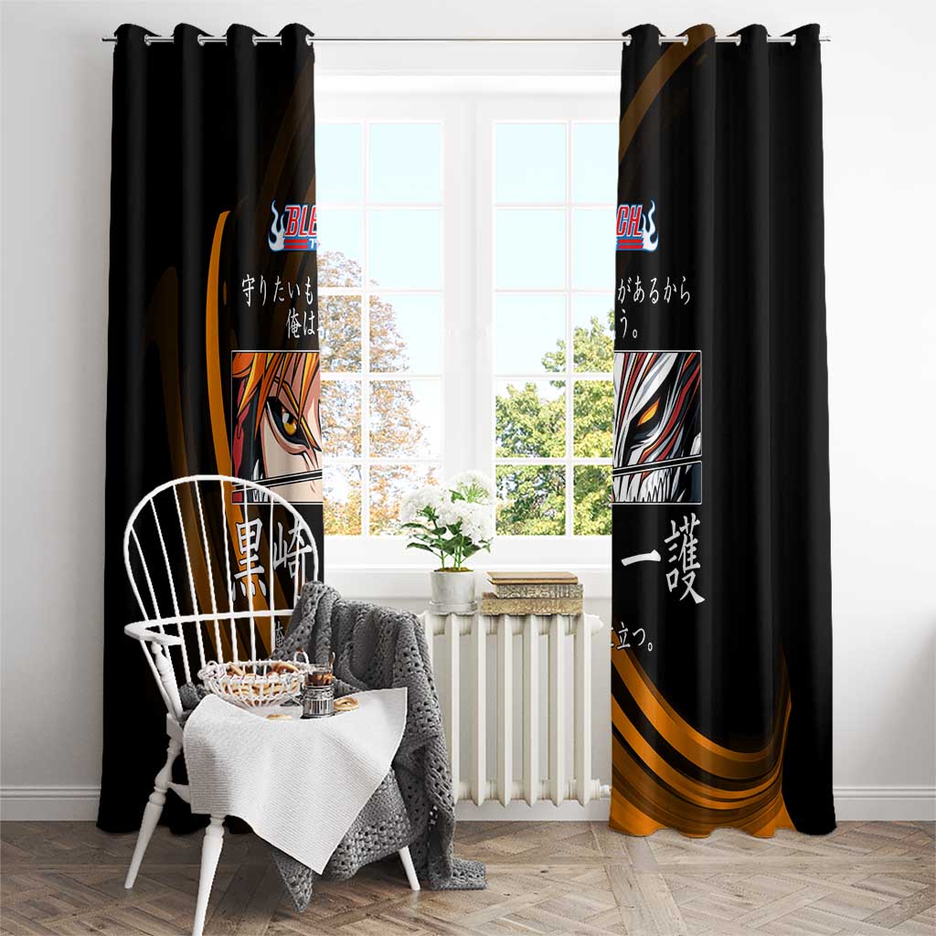 Ichigo Bleach Anime Black and Orange Theme Window Curtain with Hollow Mask and Japanese Calligraphy Design - The Mazicc