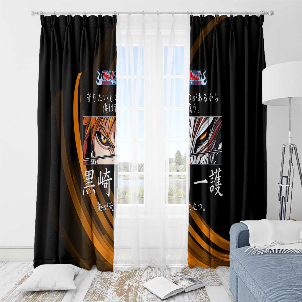 Ichigo Bleach Anime Black and Orange Theme Window Curtain with Hollow Mask and Japanese Calligraphy Design - The Mazicc
