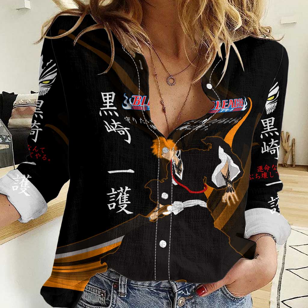Ichigo Bleach Anime Black and Orange Theme Women Casual Shirt with Hollow Mask and Japanese Calligraphy Design - The Mazicc