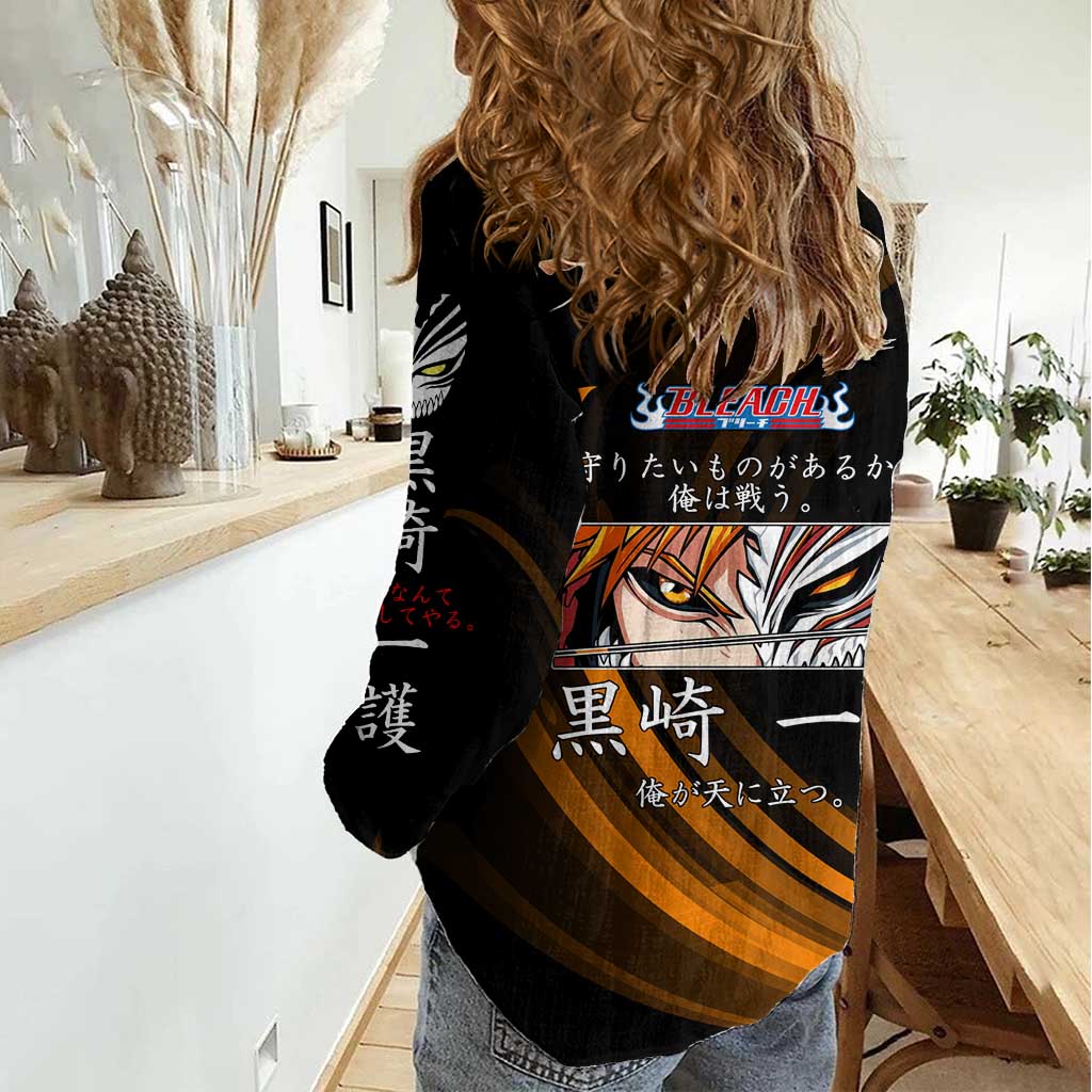 Ichigo Bleach Anime Black and Orange Theme Women Casual Shirt with Hollow Mask and Japanese Calligraphy Design - The Mazicc