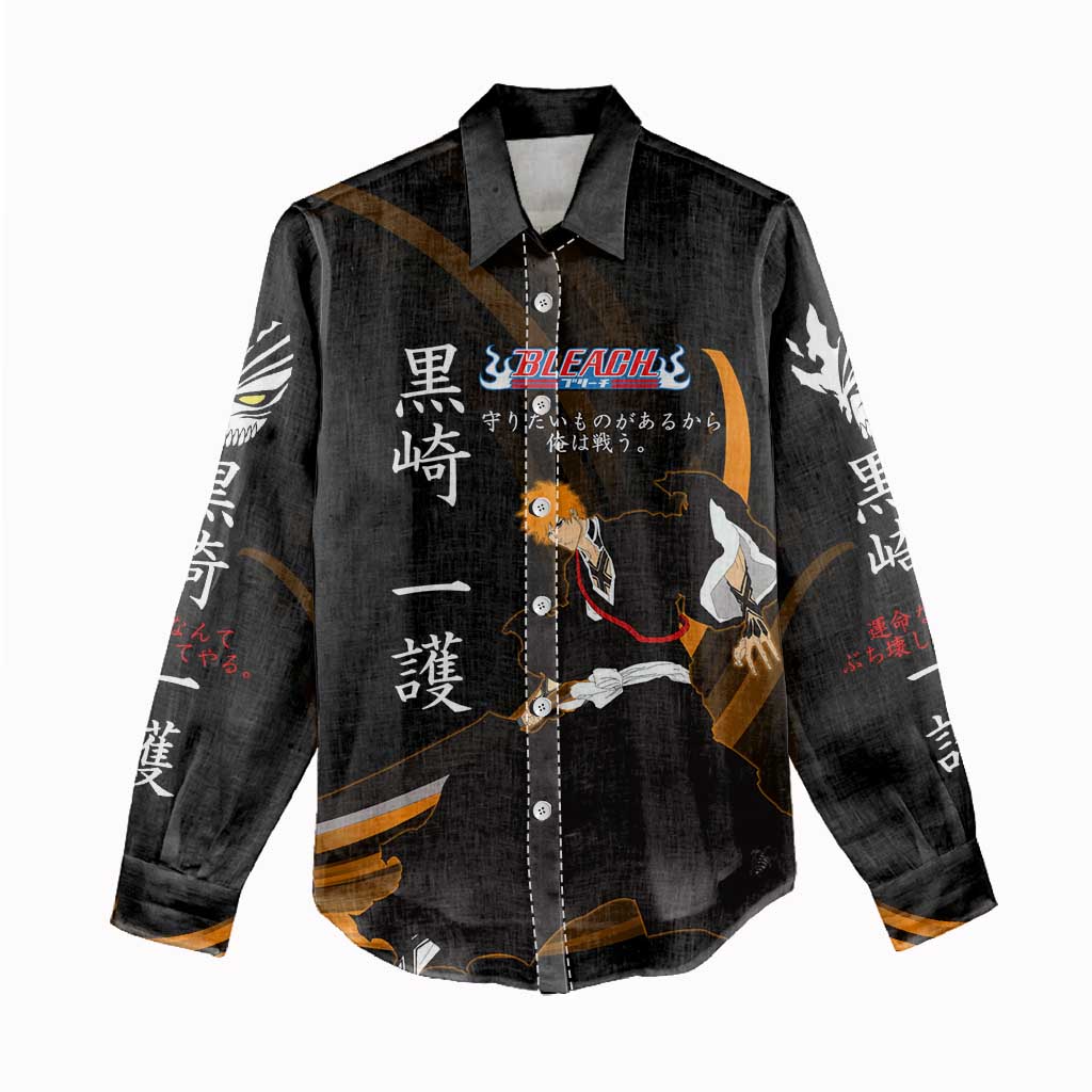 Ichigo Bleach Anime Black and Orange Theme Women Casual Shirt with Hollow Mask and Japanese Calligraphy Design - The Mazicc